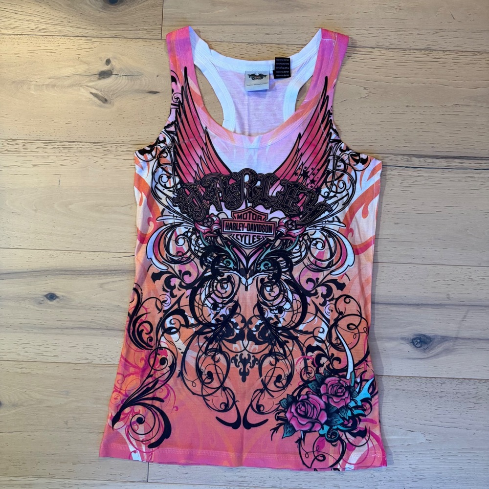 Harley-Davidson Womens Pink Orange Graphic Racerback Tank Top Small